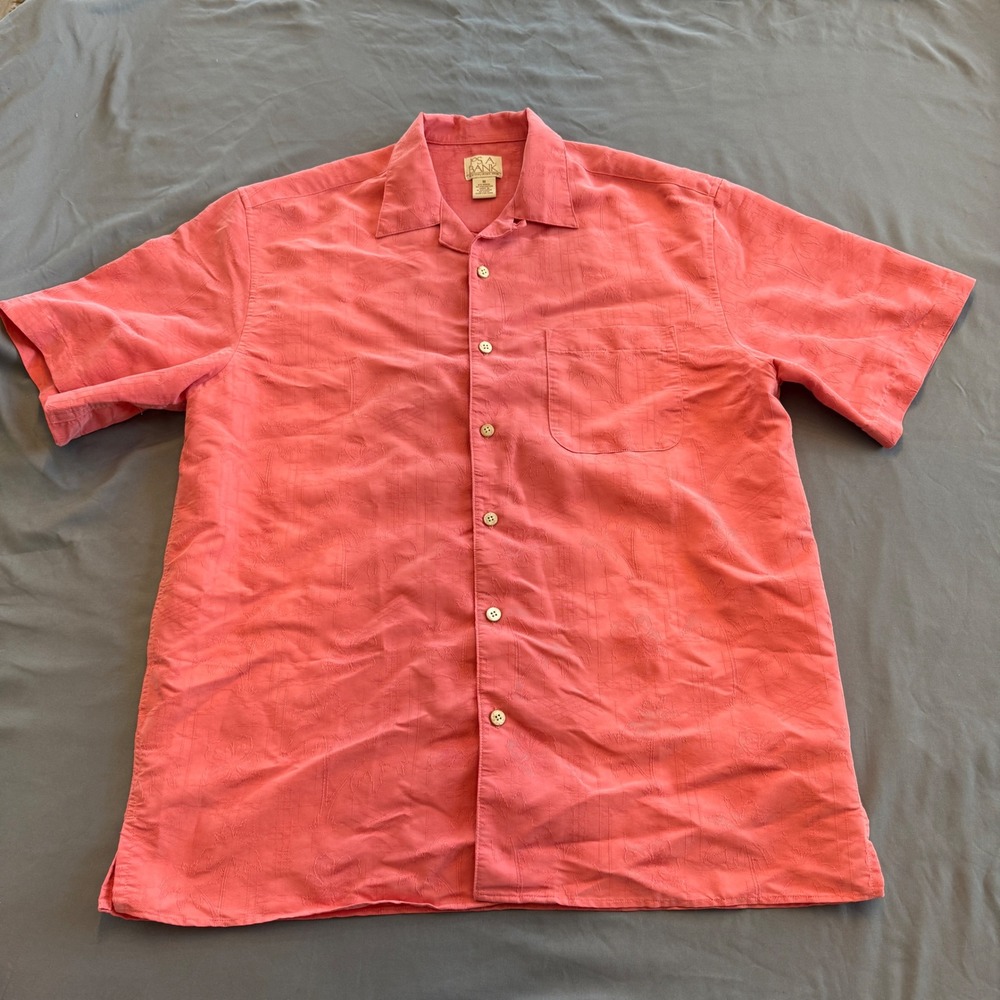Jos A Bank Mens Medium Coral Pink Tropical Palm Jacquard Short Sleeve Camp Shirt